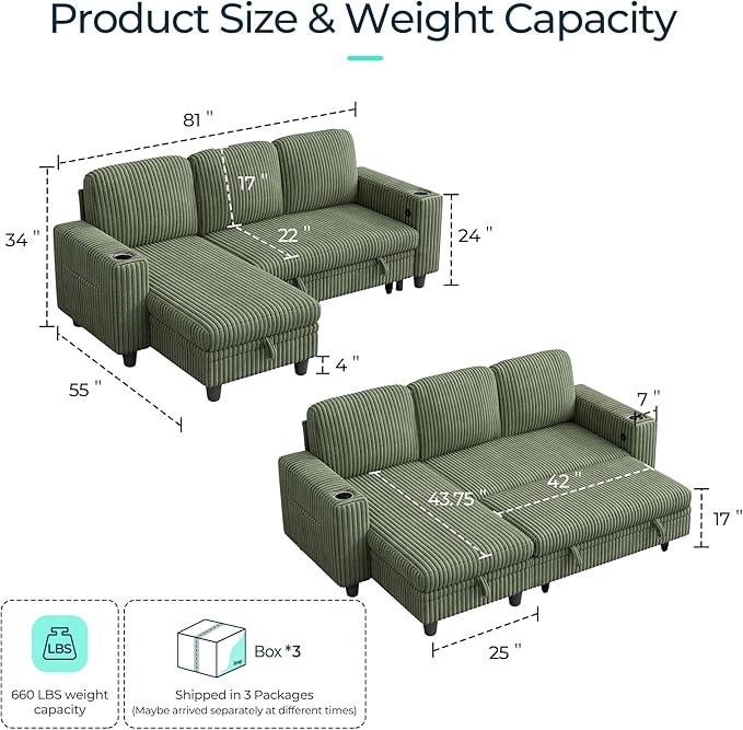 LINSY HOME Sectional Sleeper Sofa Pull Out Couches