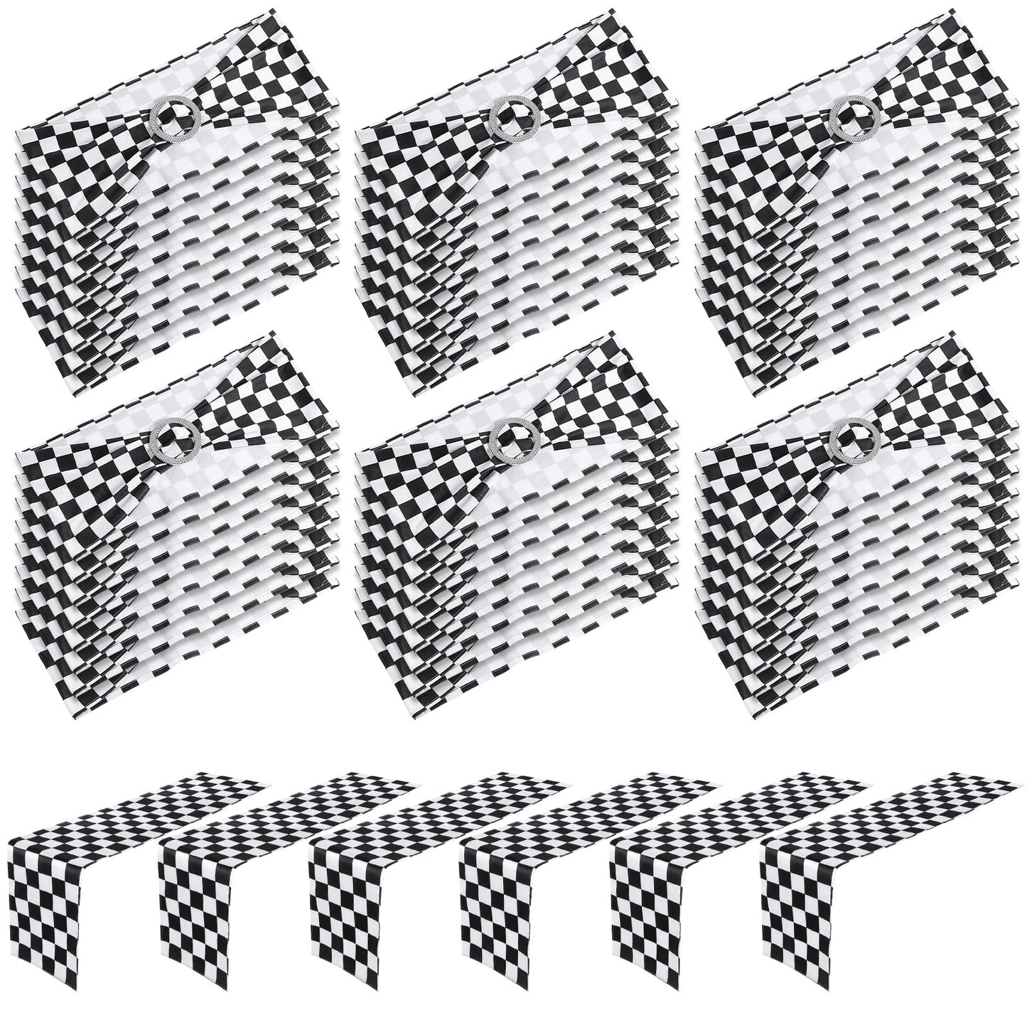 Newwiee 54 Pcs Stretch Chair Sashes with Table Runners, Classic Black and White Chair Bows Sashes Fringe Table Runner for Party Wedding Reception Banquet Decorations (Black and White Checkerboard)