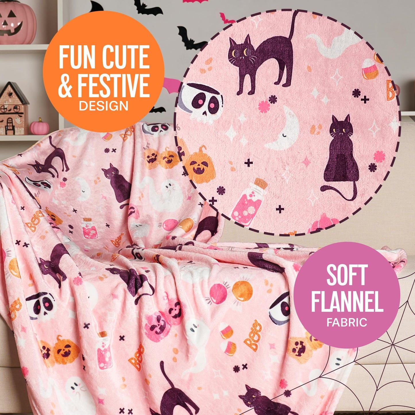 Pink Halloween Blanket - Cute & Stylish for Summerween - Pink Ghost Blanket - Halloween Decor for Bedroom - Soft and Plush - 50 x 60