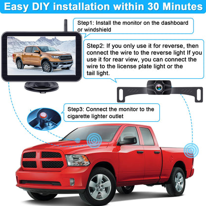 7-Inch Wireless Backup Camera for Truck - 2 Channel, DIY Grid Lines, HD 1080P, Night Vision, IP69K Waterproof, Backup Camera for Truck, Pickup, Trailer, Cars - Parking Safety & Towing Assistance
