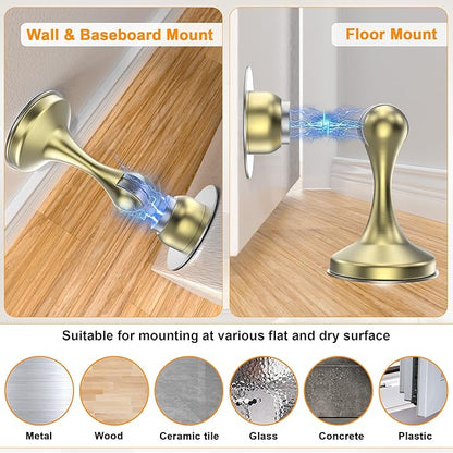 Crosize Magnetic Door Stoppers 4 Pack, Stainless Steel Door Stops for Wall and Floor Mounting, Gate Stops, No Drilling Metal Doorstops with Adhesive Tapes, Gold