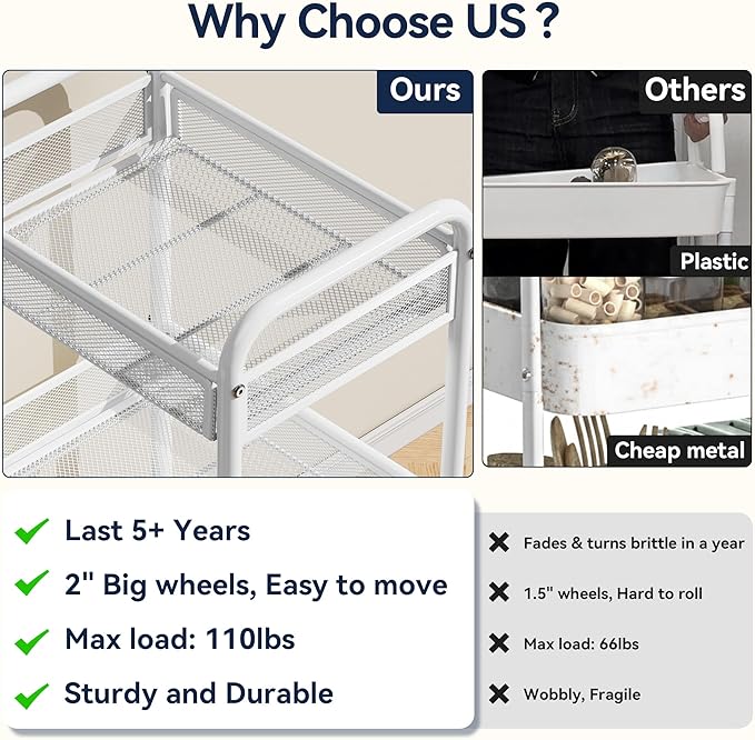 YASONIC 3 Tier Rolling Cart – Metal Utility Storage Carts