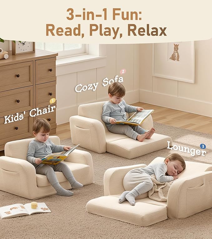 3-in-1 Extra Wide Convertible Kids Couch, Flip Open Toddler Couch to Lounger