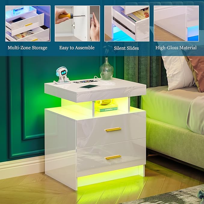 WOOVIVS Night Stand Set 2 with USB/Type-C/Wireless Charging Station, Modern