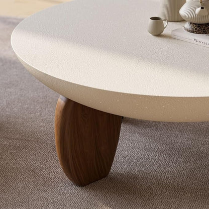 homary Round Concrete Coffee Table with Premium Walnut Ash Wood Legs, Modern Minimalist Cement Finish Center Table for Living Room (Beige, 37.4" W x 37.4" D x 14.4" H)