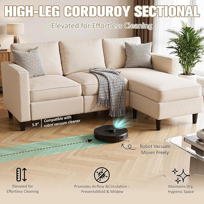 JAMFLY Sectional Sofa for Living Room, 3-Seat Reversible Couch