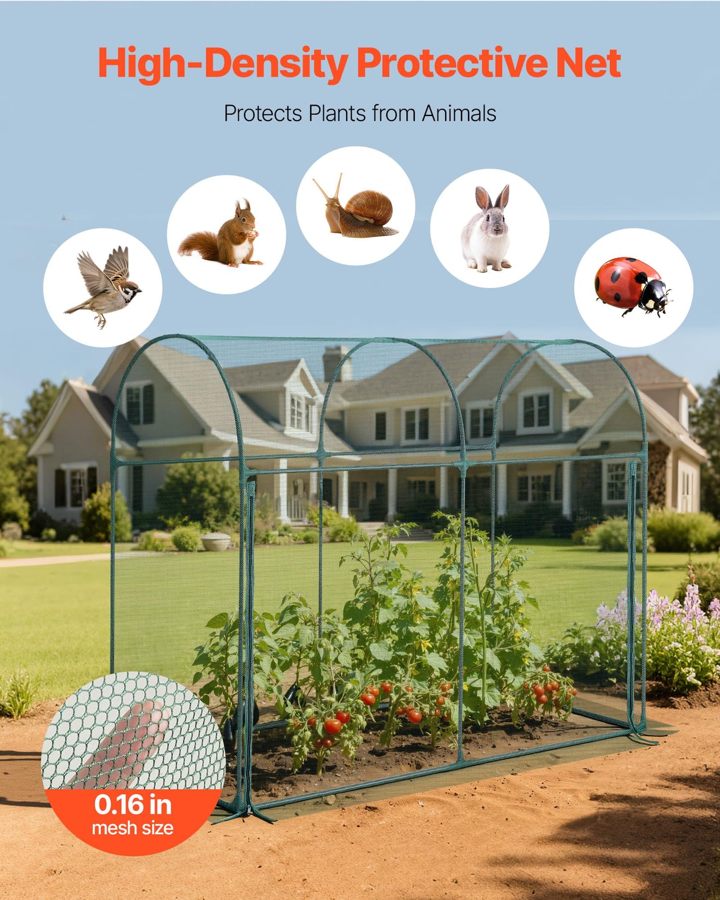 VEVOR Crop Cage, 5.9 x 2.98 x 4.9 ft Plant Protection Tent with Zippered Door, Wind-Resistant Tall Crop Cage, Easy to Install, Outdoor Raised Bed Cover with Frame, Plant Netting for Garden Patio Lawn