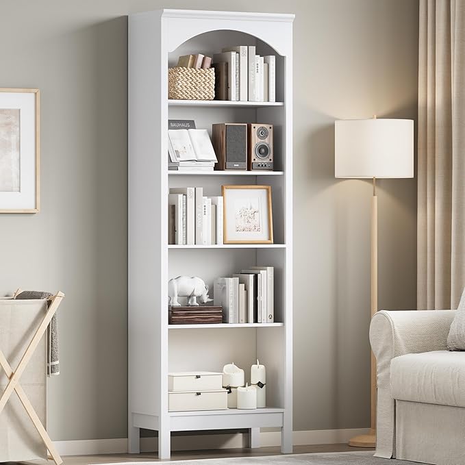 Arched Set of 2 Bookshelf with 5 Tier Open Shelves, Living Room, Modern White