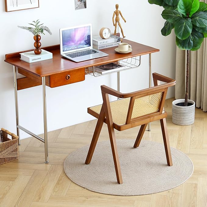 Furlide Rattan Dining Chair, Mid-Century Accent Armchair, Wicker Chair