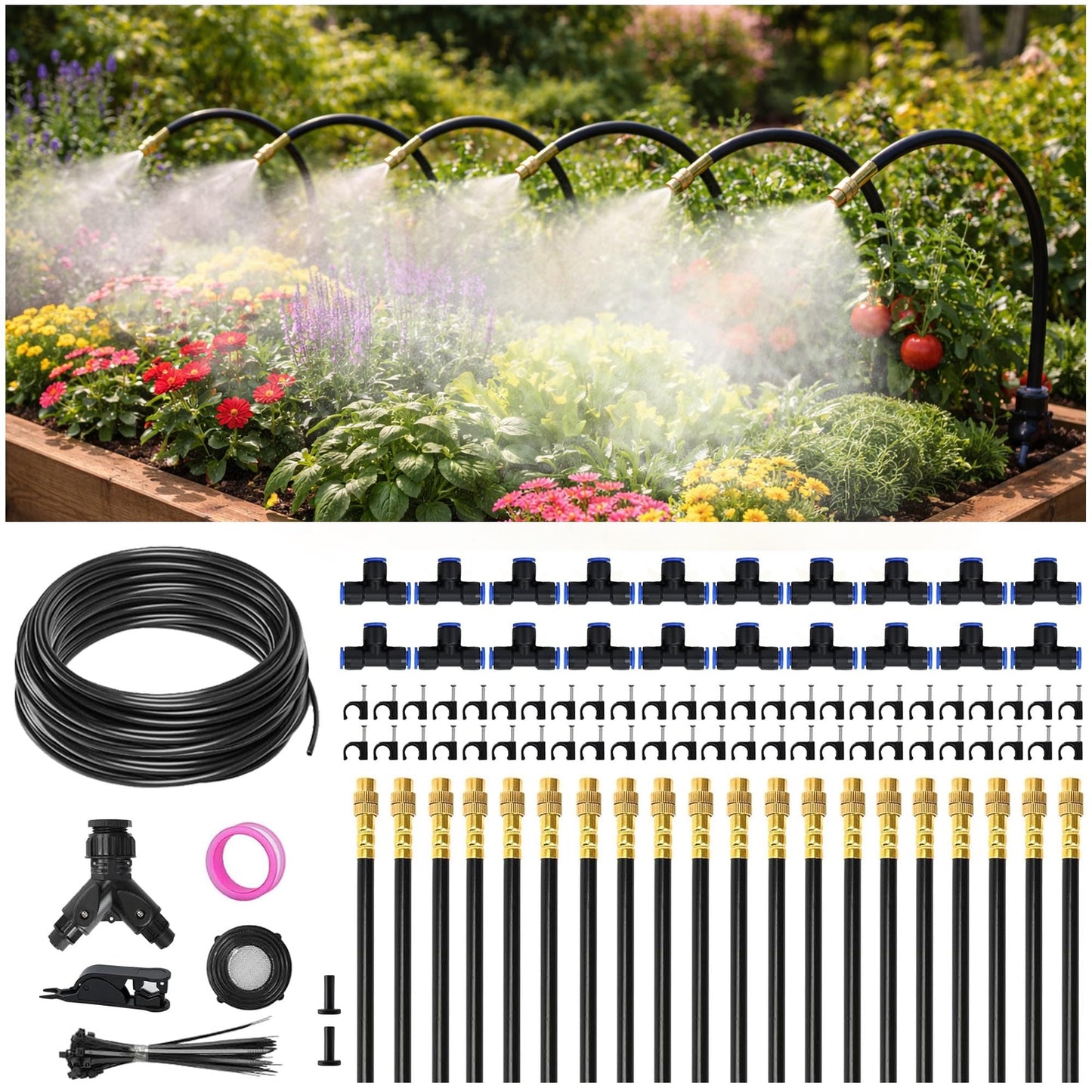 66FT Drip Irrigation System Kit Dual-Zone Garden Atomizing Watering System with 20 Copper 360° Adjustable Bendable Nozzles, Y-Splitter, Leak-Proof 1/4" Misting System for Garden Greenhouse Raised Beds