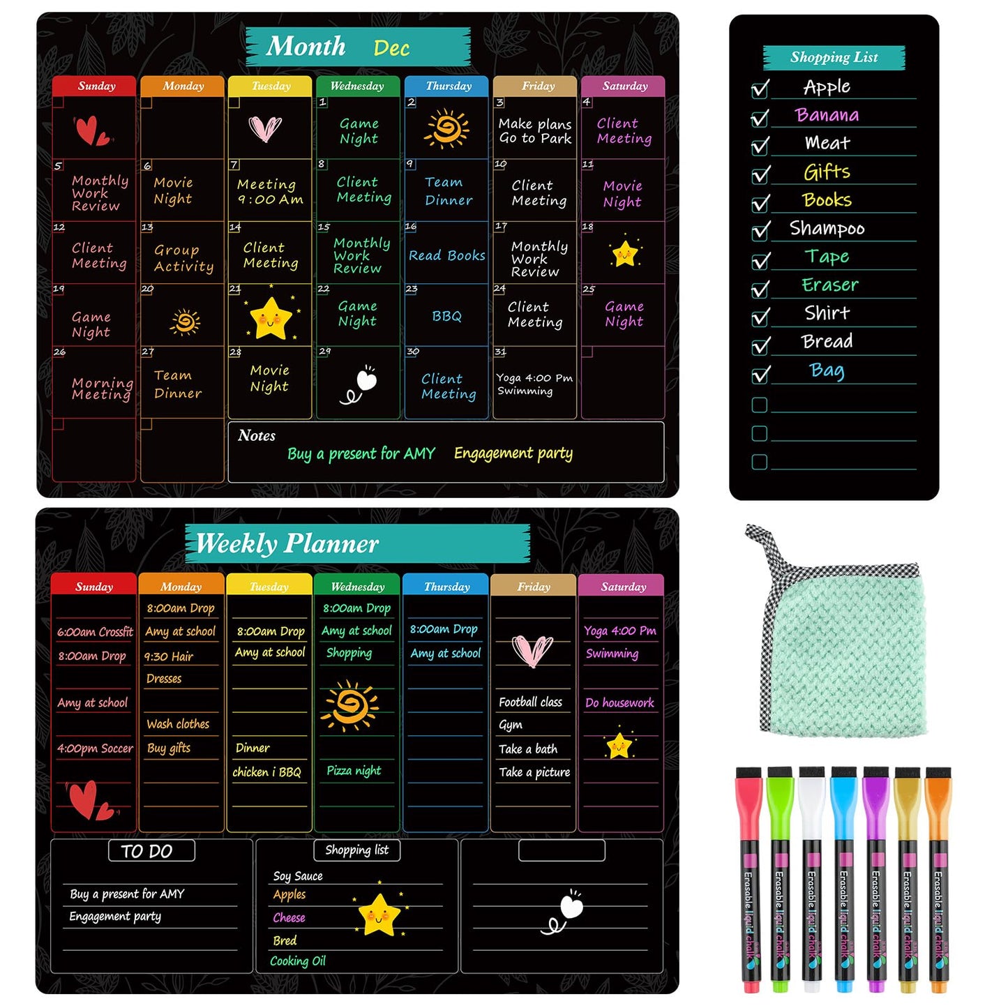 MaxGear Black Magnetic Calendar for Refrigerator, 16x12 Monthly and Weekly Dry Erase Fridge Whiteboard, Menu Schedule Planner Board, to-Do List, Notepad with 7 Markers,1 Eraser, and 1 Shopping List