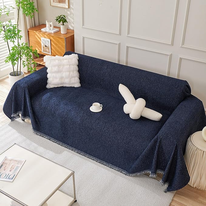 DREAMINGO Navy Blue Couch Cover Thick Chenille Couch Cover Blanket