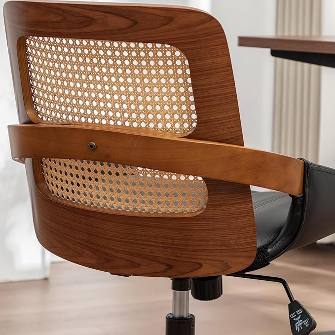 Home Office Desk Chair with Ergonomic Rattan Backrest, Walnut Crafts, Curved