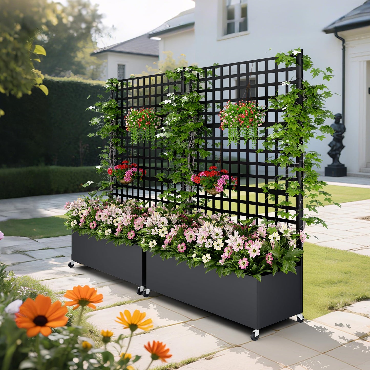Sunnibety Metal Planter Box with Trellis Privacy Screen, Raised Garden Bed with Lattice Trellis & Wheels, Privacy Planters for Patio, Planter Box for Climbing Plants, Flower, 73"x 47"x 16", Black