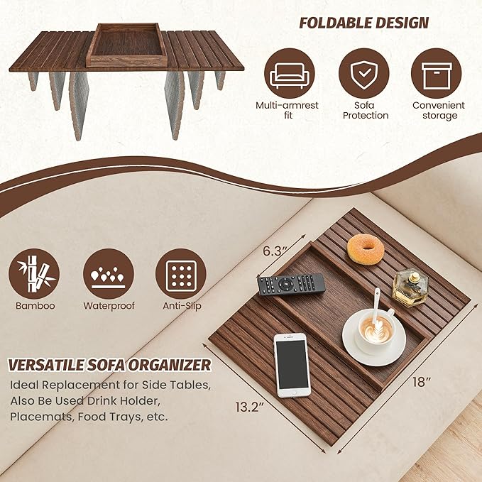 GEHE Bamboo Sofa Arm Tray, Foldable Couch Arm Tray Side Table, Anti-Falling