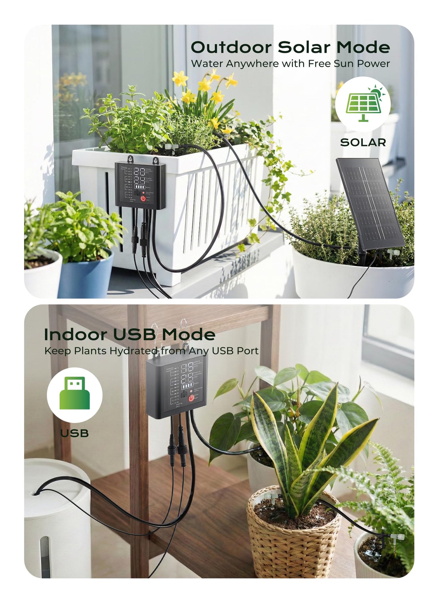 Solar Drip Irrigation System with USB Charging, 49FT Outdoor Indoor Plant Watering Devices for 15 Potted Plants, Automatic Watering System IP44 Waterproof 2200mAh for Garden Farm Greenhouse(Black)