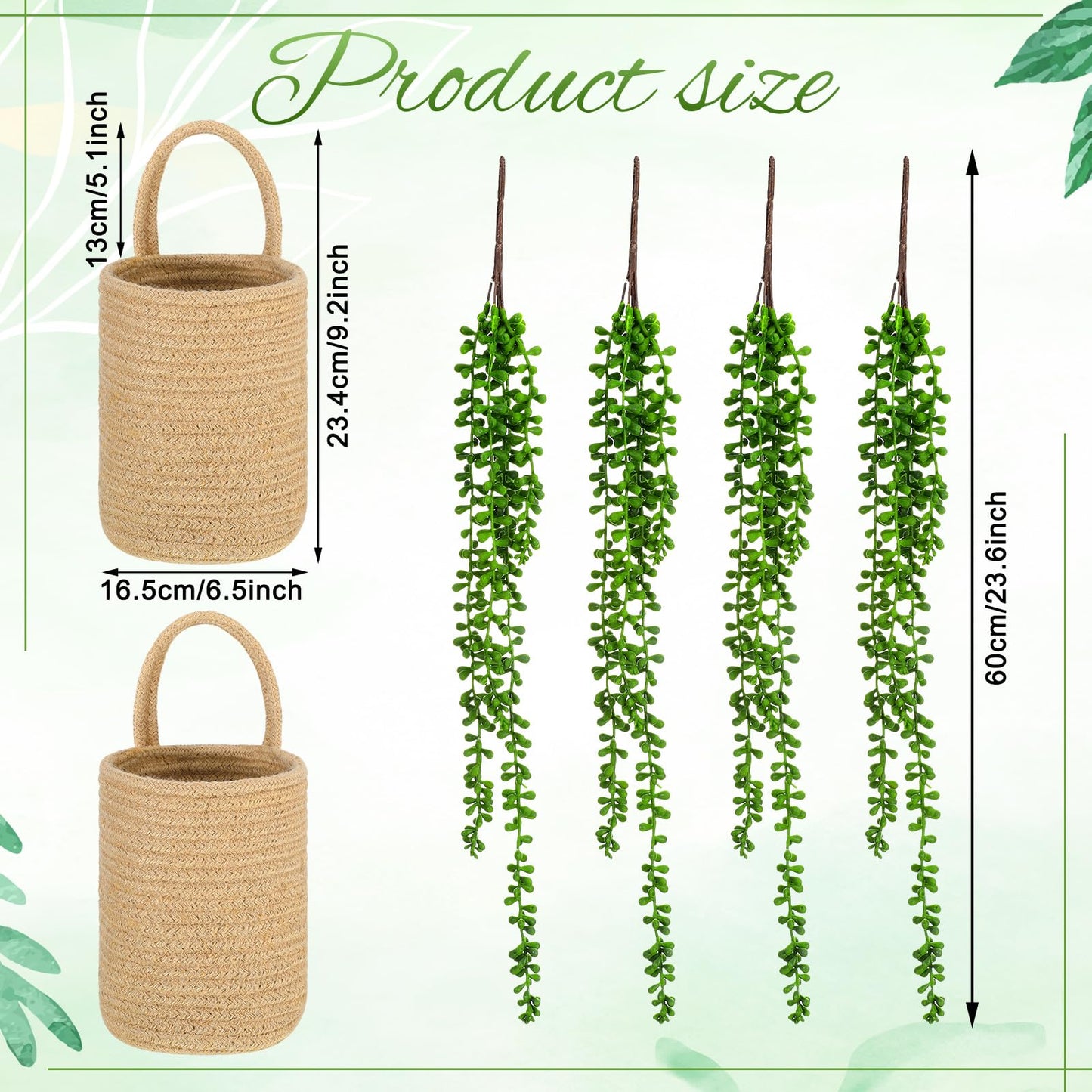 Umigy 2 Pack Wall Hanging Rope Baskets with 4 Pcs Faux Strings of Pearls Plant Jute Hanging Basket with Artificial Succulents for Porch Living Room Bedroom Entryway Patio Outdoor Decoration