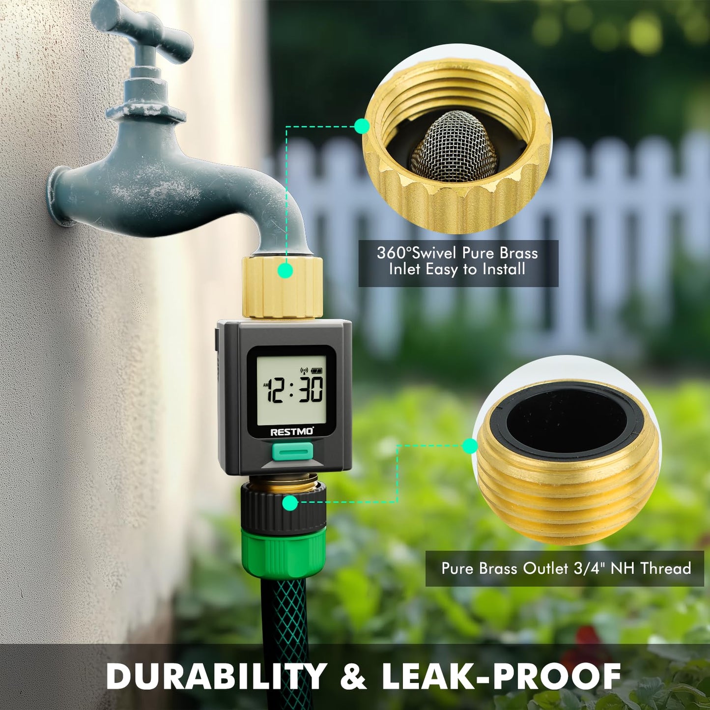 RESTMO Smart Water Flow Meter with Screen Backlight, Brass Inlet & Outlet, Measuring Gallon/Liter Consumption & Flow Rate for Garden Watering, RV Filling, Sprinklers & Nozzle - 2.4Ghz WiFi Connection