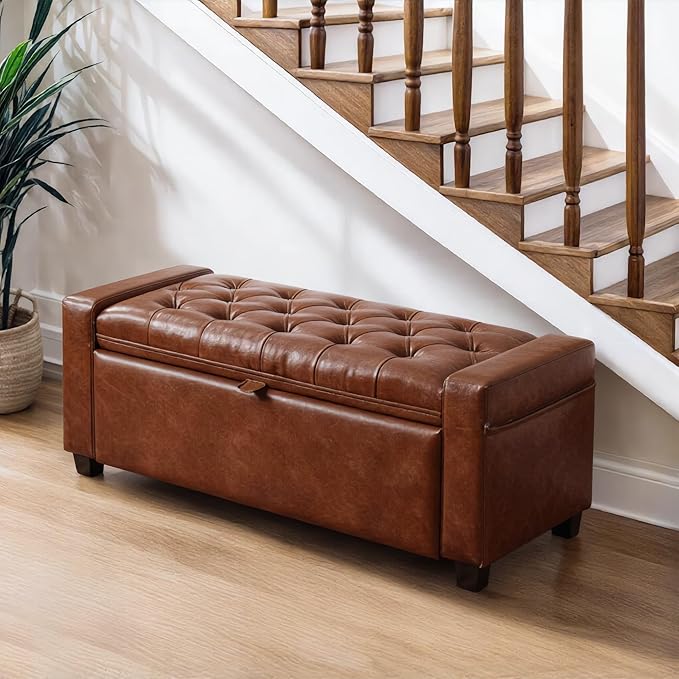43.31'' Storage Ottoman Bench, Leather Upholstered Tufted Bedroom Bench