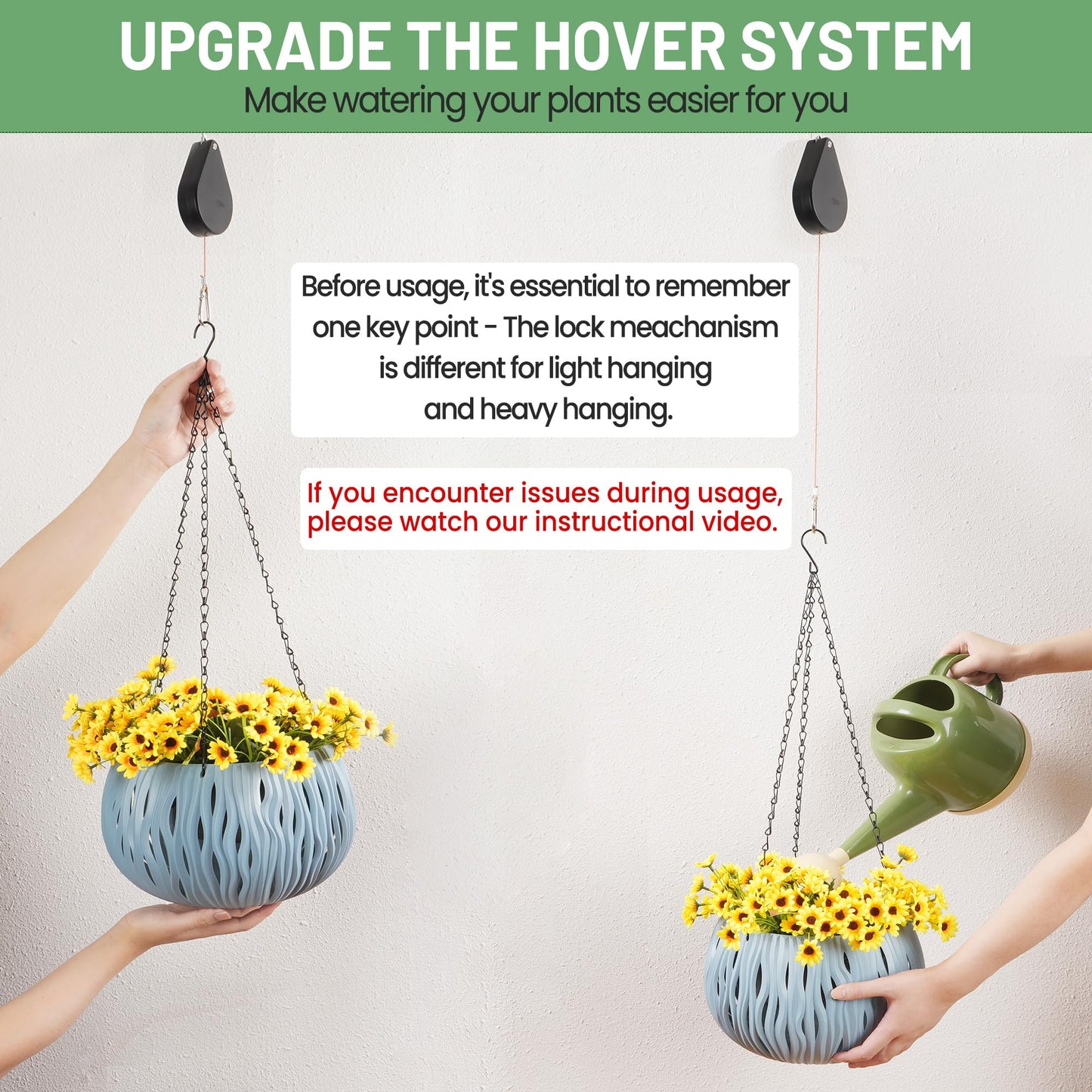 Kitwinney Retractable Plant Hanger System - Adjustable Plant Pulleys for Effortless Plant Raising/Lowering, Heavy Duty Indoor/Outdoor Use with Flower Pots, Hanging Baskets & Bird Feeders (Black, 2PCS)