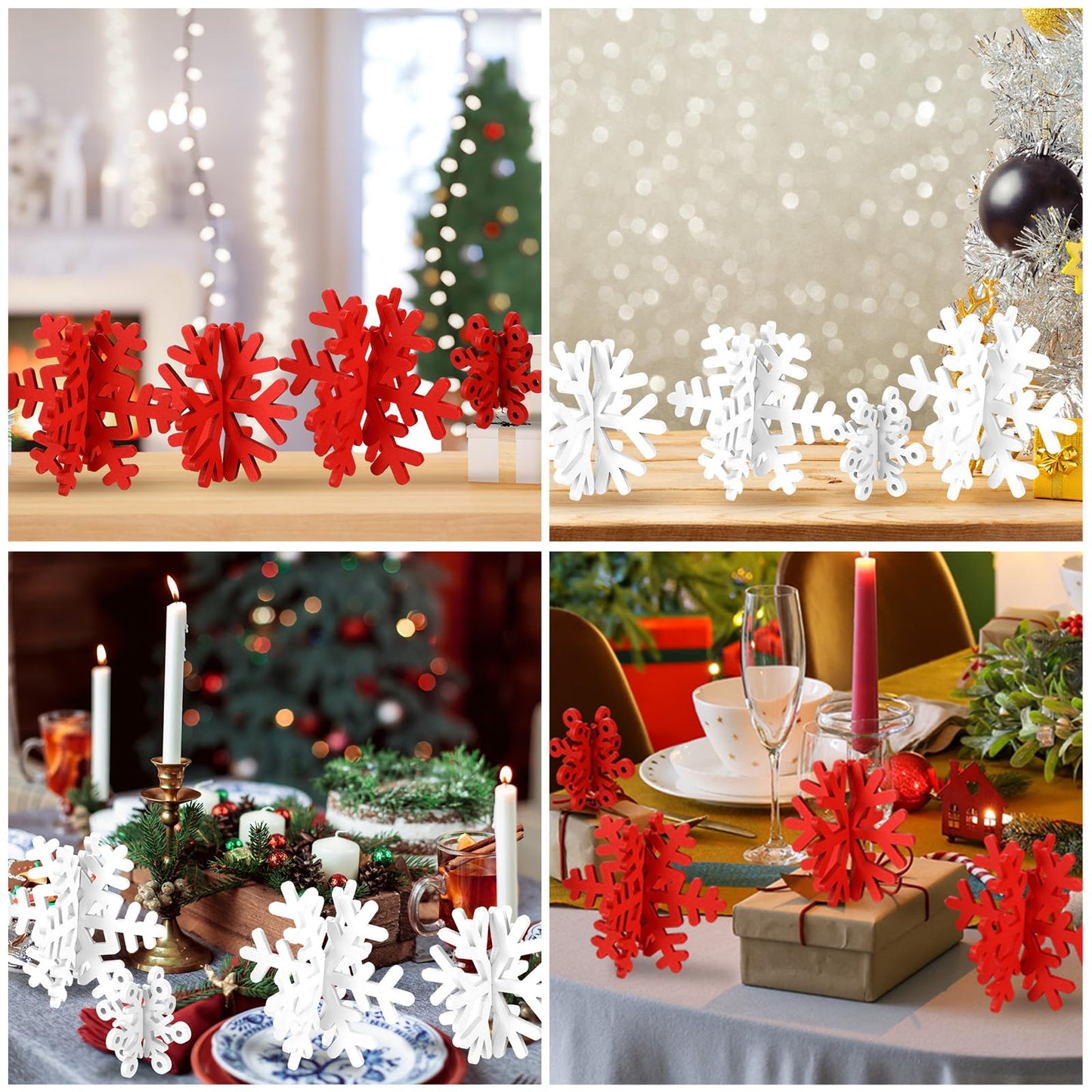 Wenqik 16 Pcs Winter Wooden Snowflake Decor Christmas Winter Snowflake Tabletop Decorations 3D Snow Table Signs Standing Centerpiece Xmas Tiered Tray Decorations for Party(Red White)