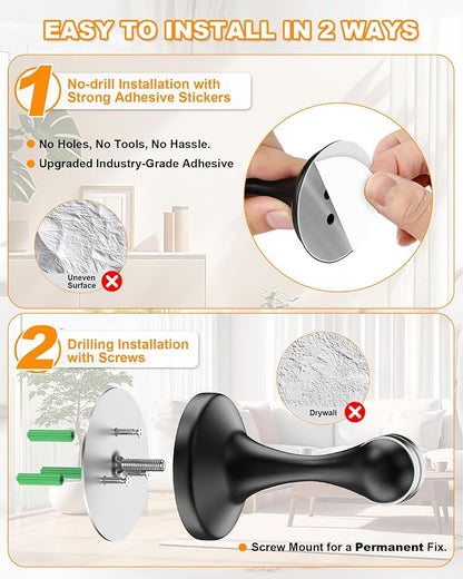 Crosize Magnetic Door Stoppers 8 Pack, Stainless Steel Door Stops for Wall and Floor Mounting, Door Holder Keep Door Open, No Drilling Door Stop with 3D Adhesive Tapes, Black
