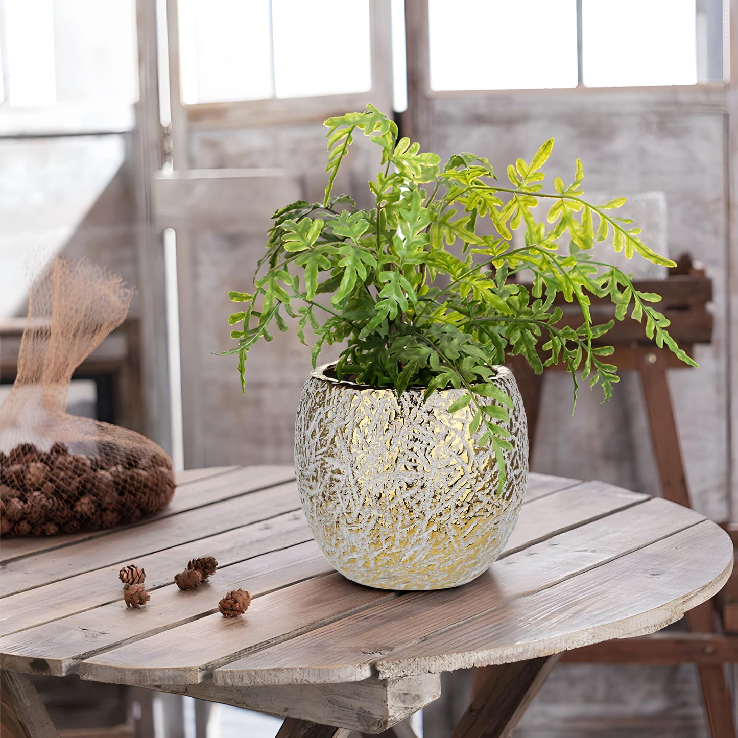 Ceramic Plant Pots for Plants Indoor 5.3 Inch Round Gold and White Flower Pot Gilded Decorative Planter with Drainage Hole and Saucer Modern Ceramic Pot for Succulents Orchids Cactus Herbs Home Decor