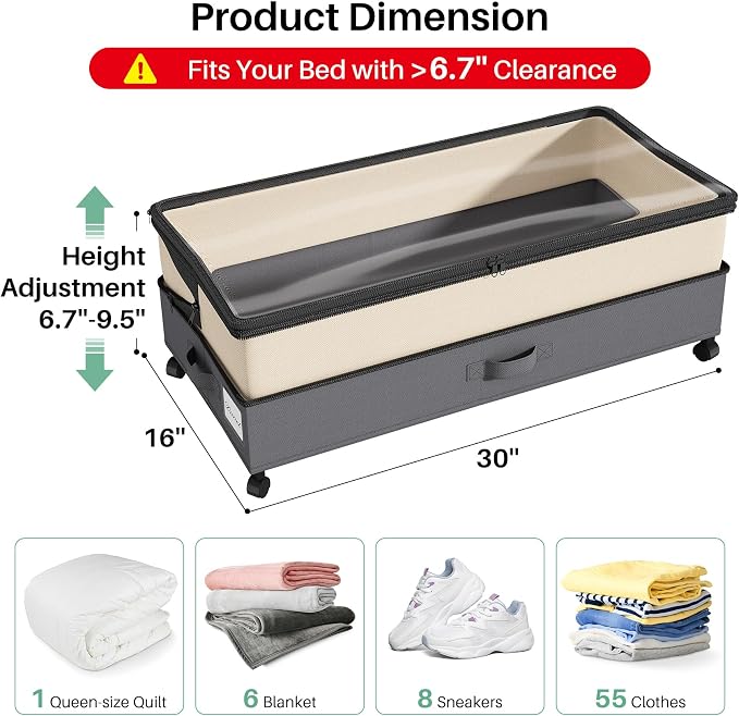 Kitstorack 2Pack Height-adjustable Under Bed Storage with Wheels, Under Bed Storage Containers,Under Bed Shoe Storage Organizer with Clear Window&Label, Suitable for Clothes Storage, Beige & Gray