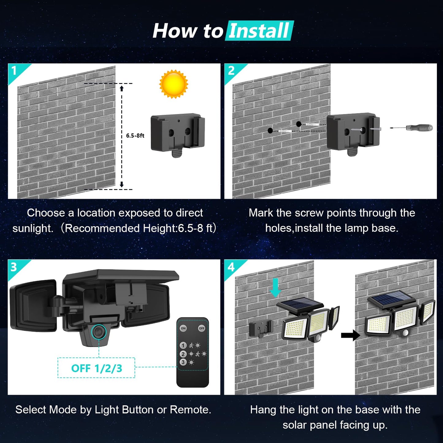 Tuffenough Solar Outdoor Lights 2500LM 210 LED Security Lights with Remote Control,3 Heads Motion Sensor Lights, IP65 Waterproof,270° Wide Angle Flood Wall Lights with 3 Modes (1 Pack)