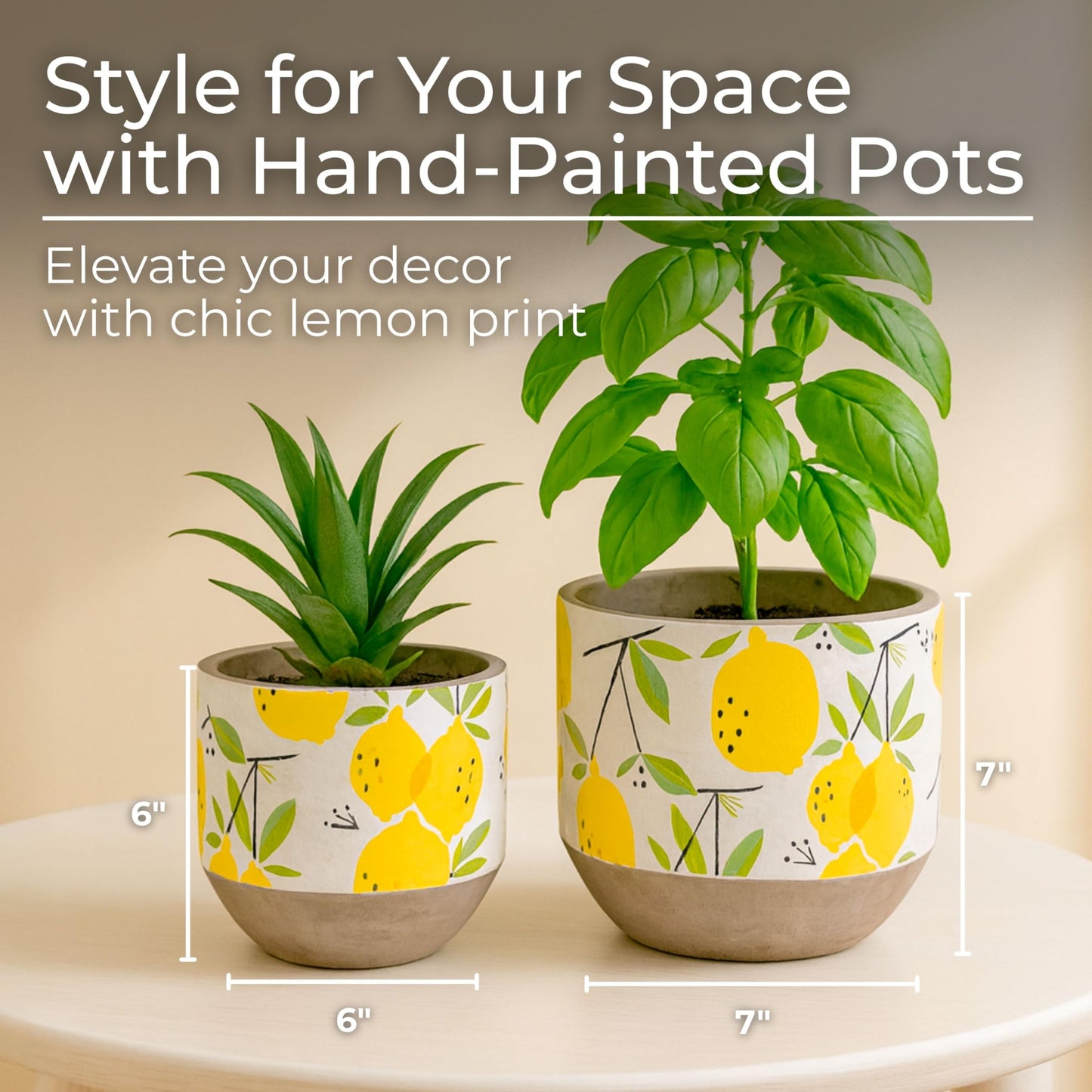 Sagebrook Home Set of 2 Decorative Cement Planters with Drainage Hole - Modern Lemon Print - Indoor/Outdoor Use - 7", 6" Yellow, White, Gray