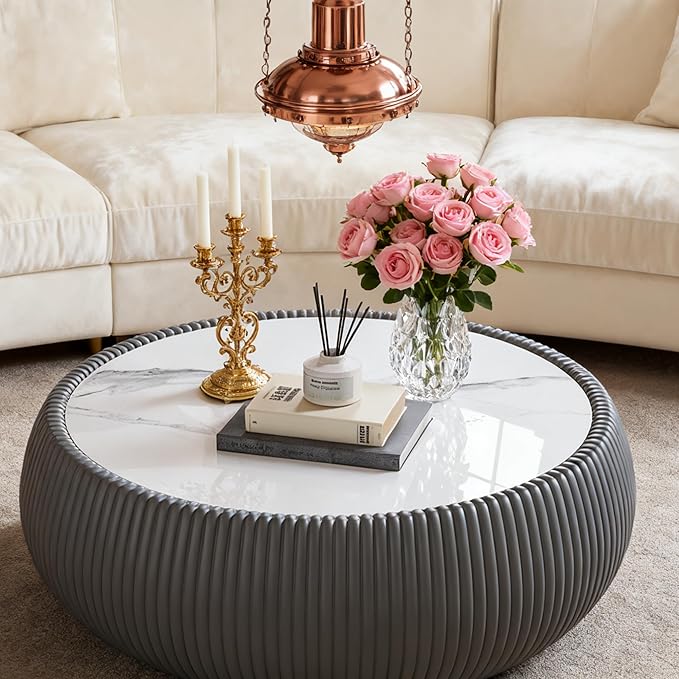 SSLine Round Drum Coffee Table Modern Sintered Stone Top Coffee Table in Grey