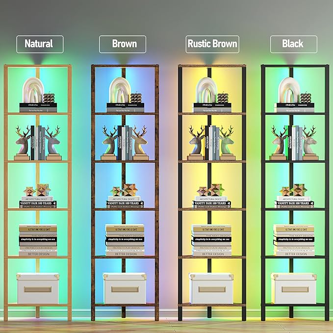 TUTOTAK Corner Shelf with LED Light, 6-Tier Corner Bookshelf