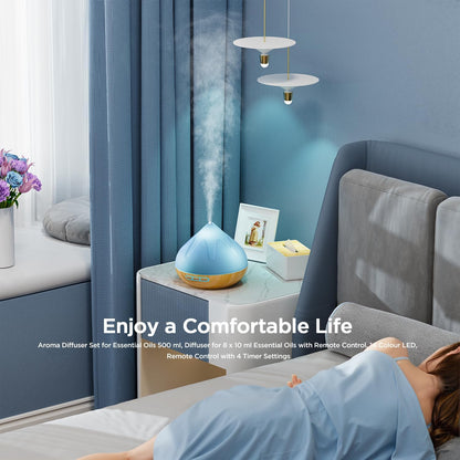 Aroma Diffuser with Essential Oils Set, 500 ML Essential Oil Diffuser with Remote Control, Humidifier with 14 Color Lights for Large Room, 4 Timer Setting, Auto Shut-Off