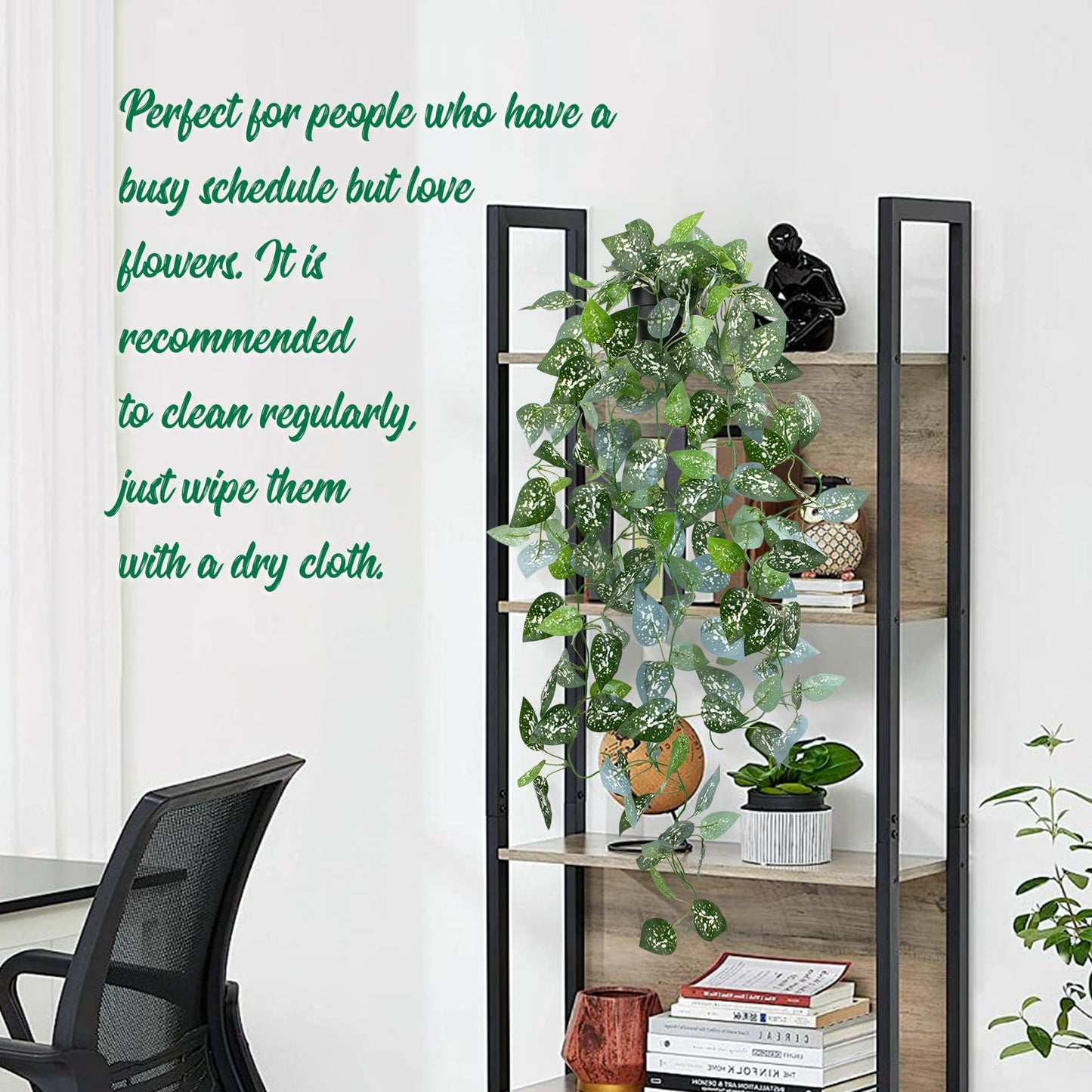 LOYWREE 39-in Long Fake Hanging Plant with Pot Faux Pothos Artificial Potted Plants Small Faux Ivy Vine Plant for Indoor Outdoor Aesthetic Office Living Room Shelf Decor (Black Pot)