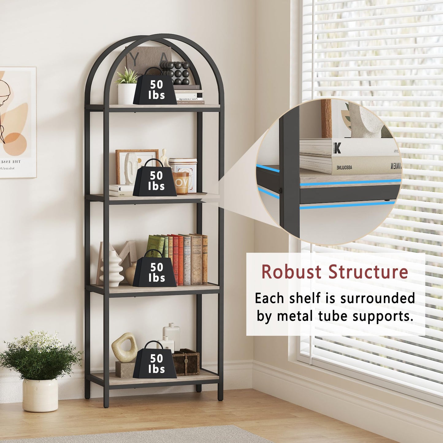 Yusong Bookshelf 4 Tier Arched Bookcase, 71.3" Tall Industrial Open Book Shelves for Living Room, Modern Freestanding Display Shelving Storage Rack Metal Frame, Office, Bedroom, Grey