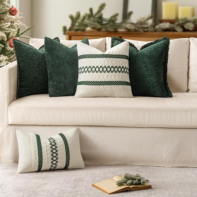 MIULEE Pack of 2 Pillow Covers 20x20 Inch Dark Green Farmhouse Decorative Throw Pillow Covers with Stitched Edge Soft Chenille Solid Dyed Couch Pillow Covers for Sofa Bed Living Room