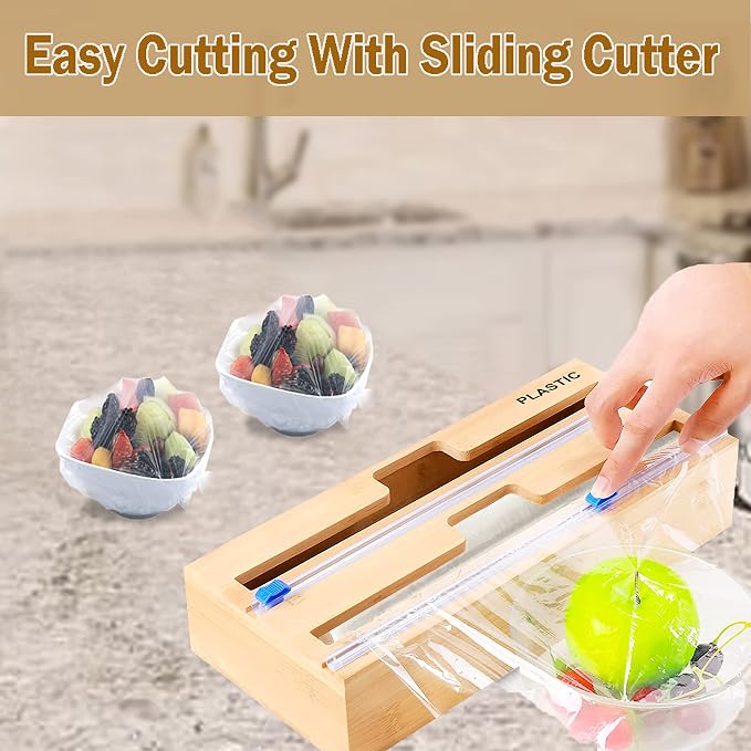 Foil and Plastic Wrap Organizer with Kitchen Aluminum Foil Holder, Cling Plastic Wrap Dispenser with Cutter and Labels, Bamboo Kitchen Wrap Organizer (2 in 1)