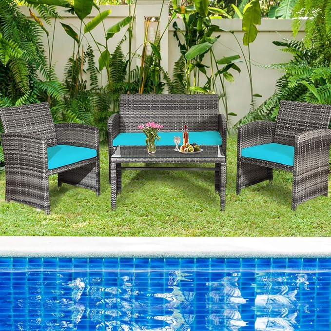 Tangkula 4 PCS Wicker Patio Conversation Set, Outdoor Rattan Sofas