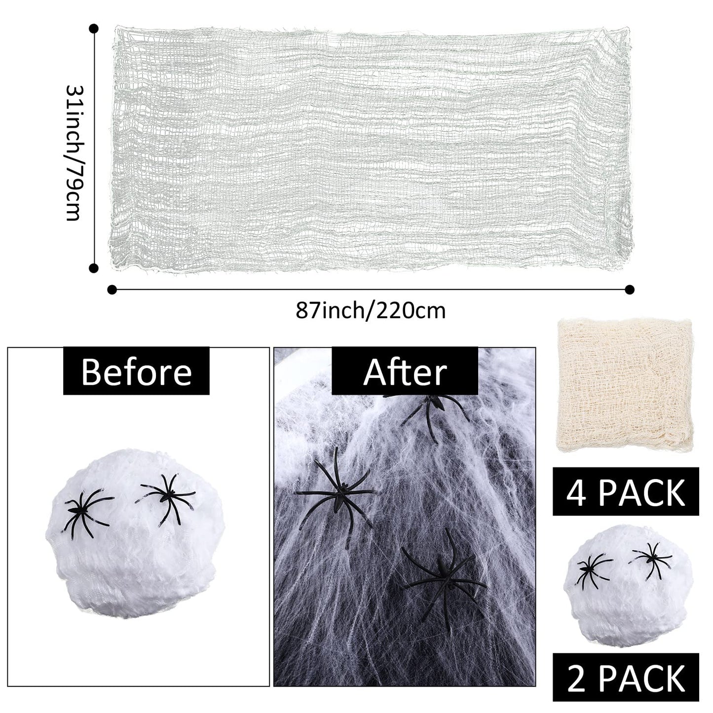 Tatuo 4 Pack Halloween Creepy Cloth 31 x 87 Inch with 2 Stretch Spider Web Spooky Scary Creepy Gauze Cloth for Halloween Party Supplies Home Wall Doorway Outdoor Yard Decor(White)