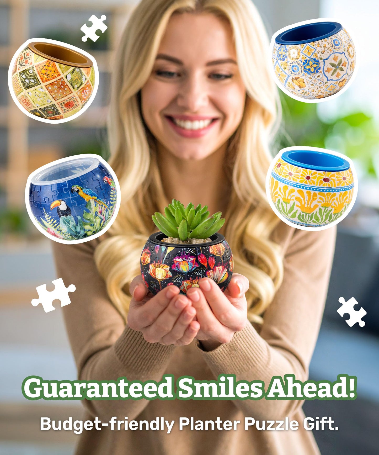 PieceRelax 3D Puzzle Planter - Classic Ornamental Style - Small Round Plant Pots with Drainage, for Mom, Home Decor Flower Pots for Indoor Cactus, Succulents Pots [K1103]