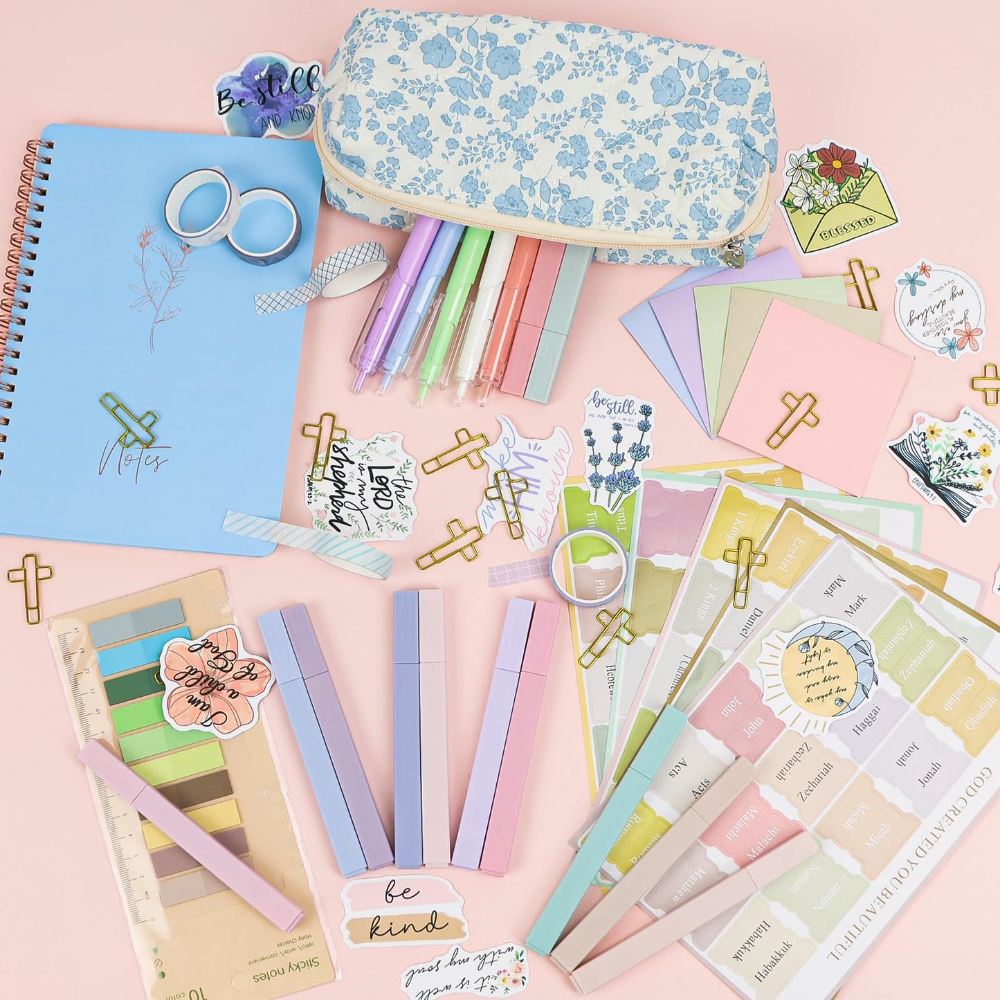 DRANSMIC Bible Study Supplies Journaling Kit with Pen Cas, Tabs, Notebook and No Bleed Highlighter, Aesthetic Book Annotation Kit, Christian Gifts for Women Grils Friends（Blue Flower）