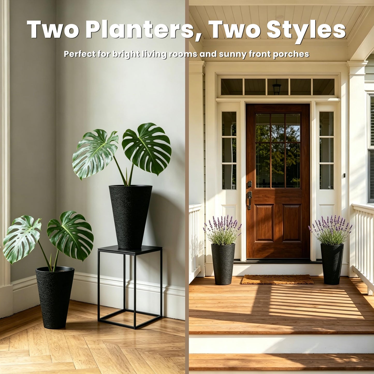 Kante 2 Pack 13 Inch Tall Planters, Modern Minimalist Textured Black Plastic Planter Pots with Drainage Holes, Detachable Inner Pot & Handle, Lightweight Outdoor Indoor Planters for Patio Garden
