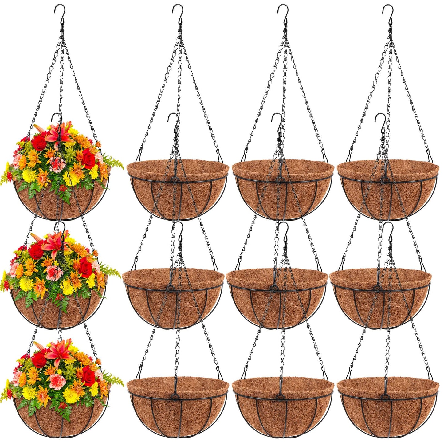 Dandat 12 Pack Hanging Planter Basket Outdoor Large Hanging Flower Pots Indoor 10 inch with Coco Coir Liner Round Wire Plant Holder Chain Basket Garden for Home Decor Balcony Office