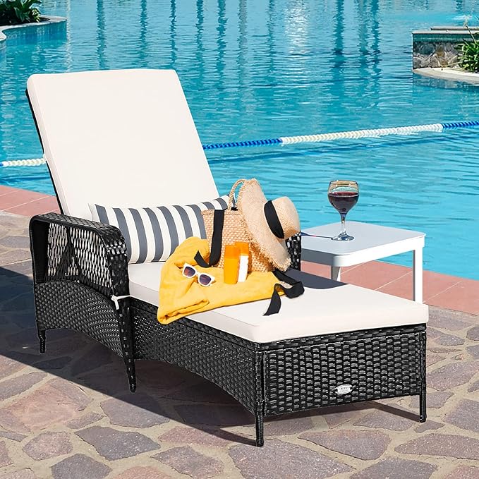 COSTWAY PE Rattan Chaise Lounge Chair Armrest Recliner Adjustable Pillow Black