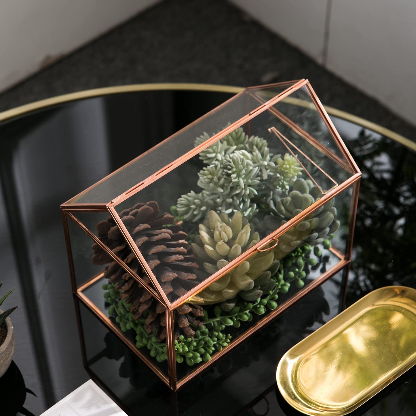 House Shape Close Glass Geometric Terrariumn Tabletop Succulent Plant Garden Geo Planter Moss Fern Swing Lid Reptile, Flower Pot for Plants Succulent, Air Plant (Rose Gold)