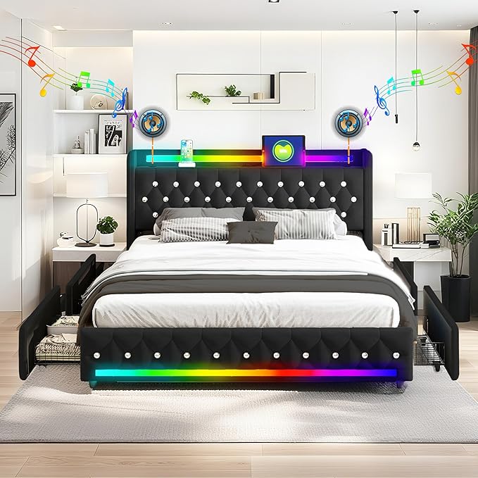 Music Player Full Bed with Bluetooth Speakers, USB&Type C Charging Ports