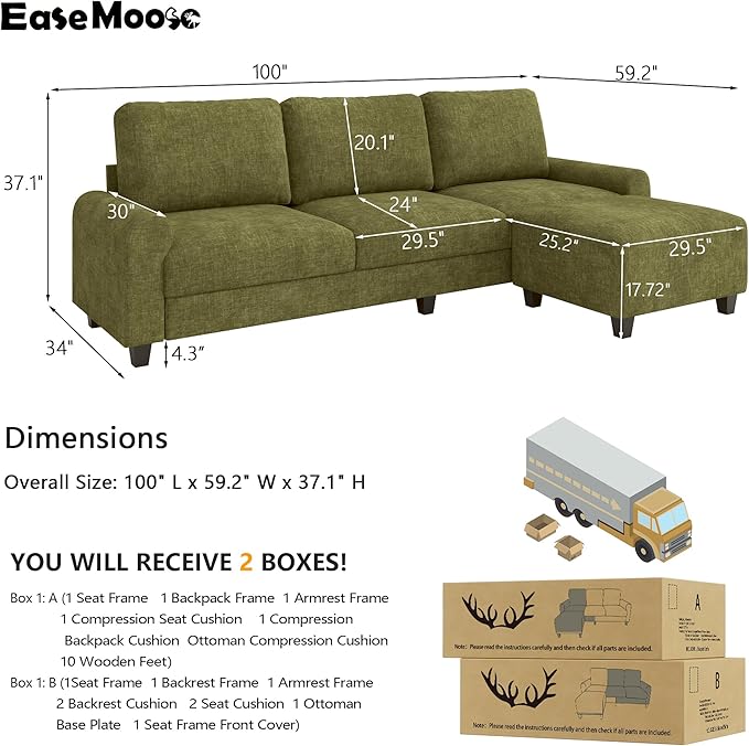 EASE MOOSE 100" Chenille L-Shaped Sectional Sofa, Modern Deep Seat Modular Couch
