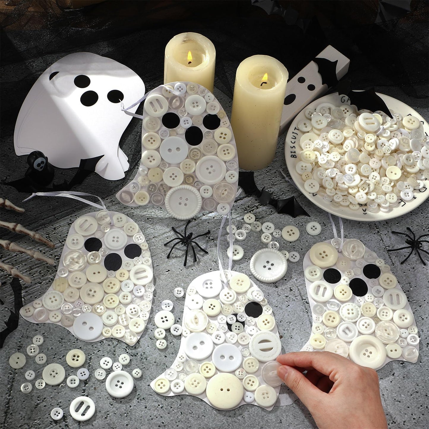 CraftyDream 12 Set Halloween Ghost Craft Kit Buttons Boo Halloween Ornament Craft Hanging Decoration for Horror Theme Party Favor DIY Home Activities