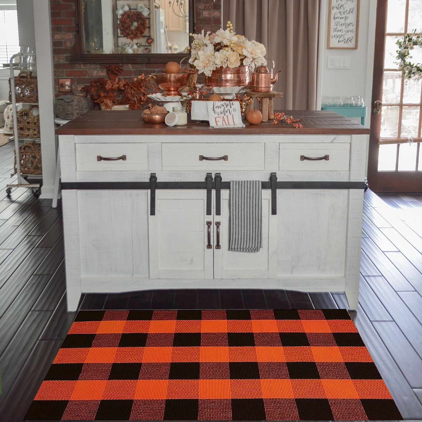 Fall Outdoor Rug Orange Buffalo Plaid Outdoor Rug Cotton Hand-Woven Buffalo Check Rug Layered Doormats for Front Door/Front Porch/Farmhouse/Entryway/Patio(Orange and Black Plaid, 27.5'' x 43'')