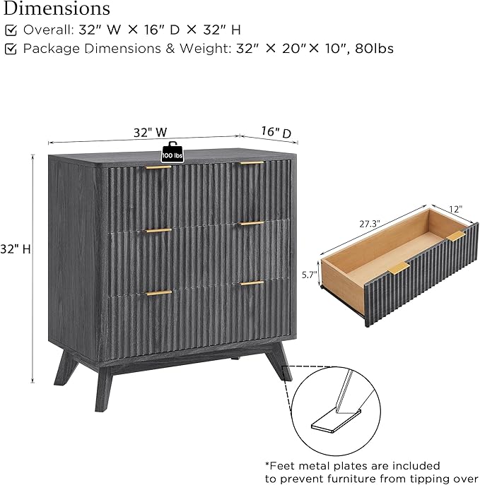 T4TREAM Fluted 3 Drawers Nightstand Set of 2, Oversized Extra Large Modern Side